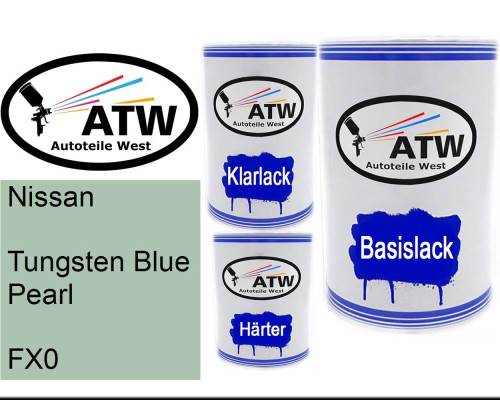 Nissan, Tungsten Blue Pearl, FX0: 500ml Lackdose + 500ml Klarlack + 250ml Härter - Set, von ATW Autoteile West.
